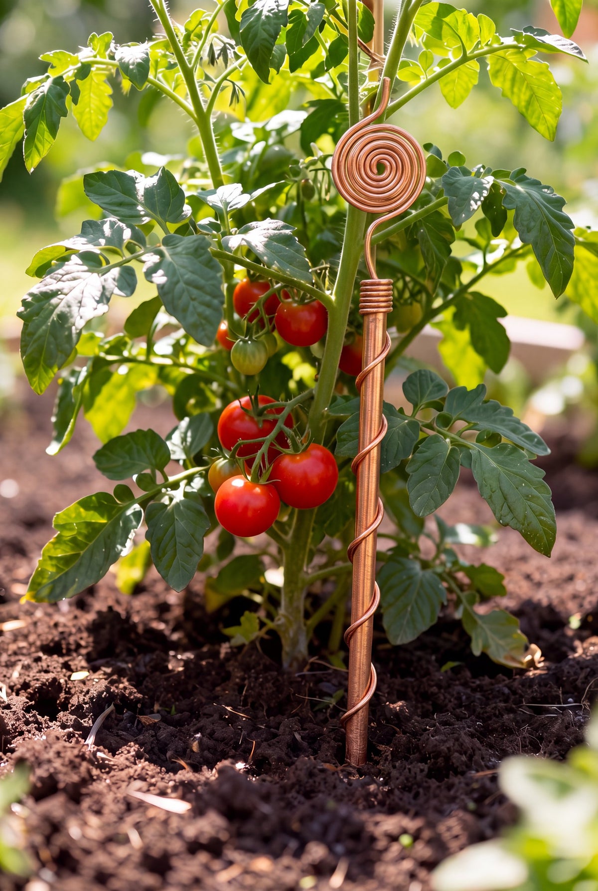 Kopero Electrocultivo 30 cm, antena de cobre junto a una planta de tomate en el huerto