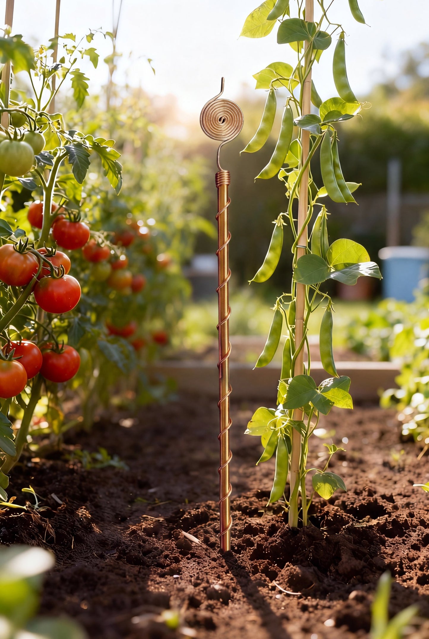 Kopero Elektrocultuur 60 cm koperen antenne tussen tomaten en bonen in de moestuin