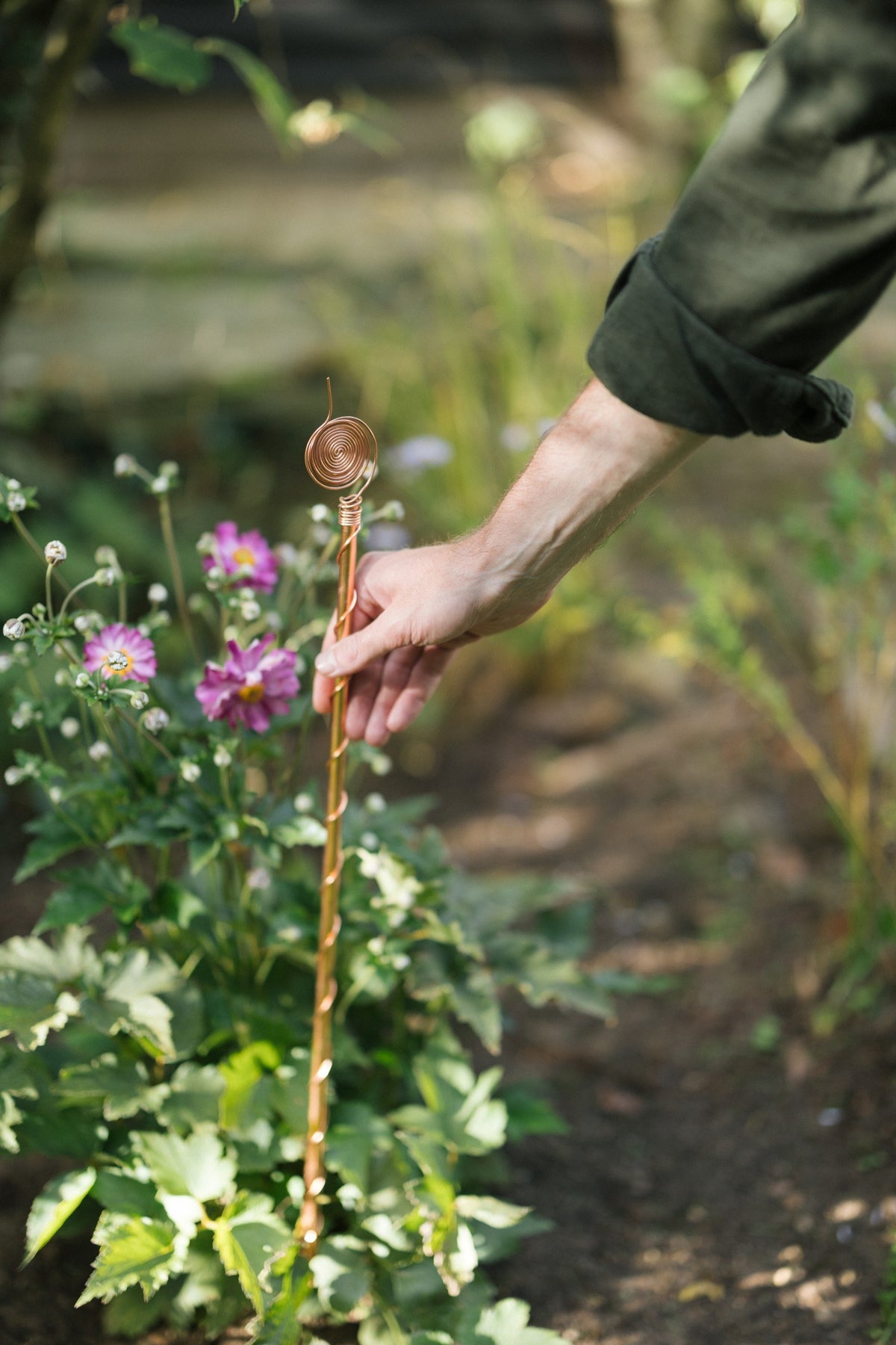 Electrocultivo Kopero 60 cm, una mano introduce la antena en el parterre
